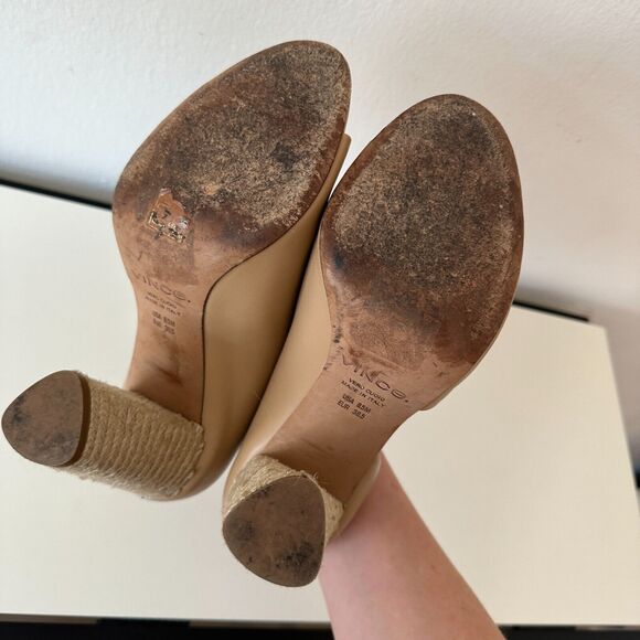 VINCE Percey Taupe Leather Open Toe Block Heel Sandals Jute Wrapped Heels 8.5 - Picture 7 of 10